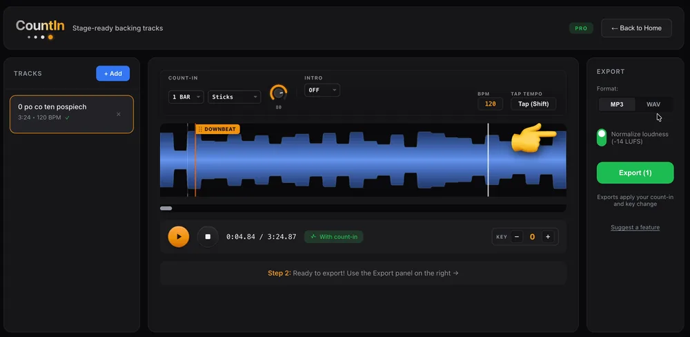 Exporting from CountIn as MP3 or WAV with loudness normalization to -14 LUFS switched on