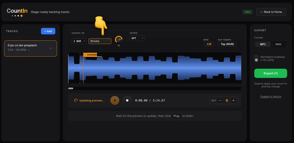 Choosing the count-in sound in CountIn: hi-hat or sticks, with the number of bars and the click volume