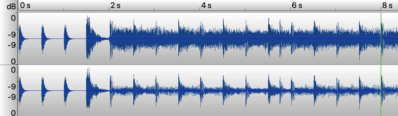 Waveform of a mixed export: four count-in clicks, then the song, both present in both channels