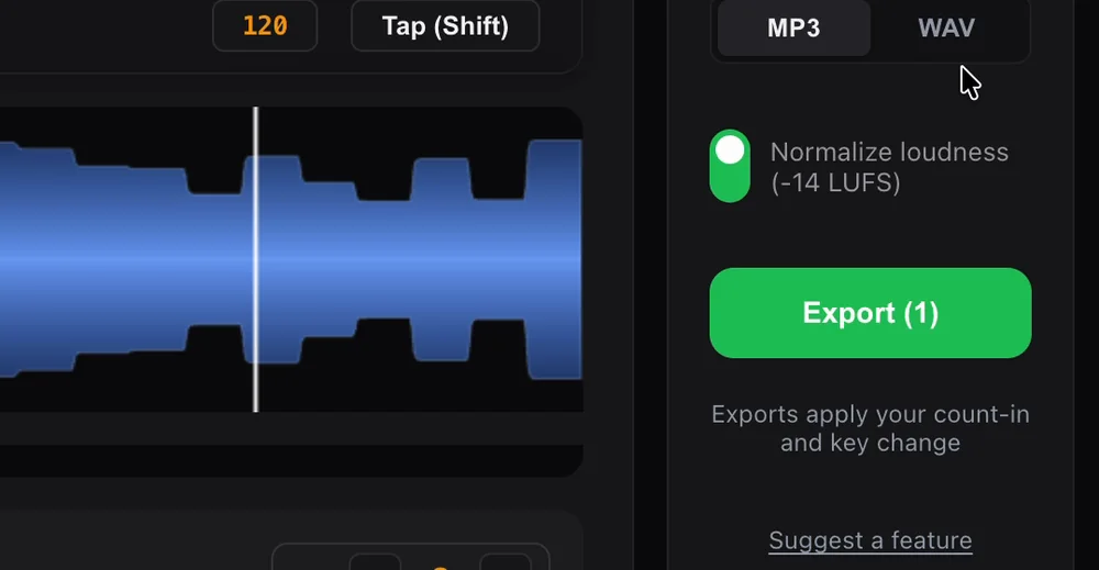 The Normalize loudness (-14 LUFS) switch in the CountIn export panel, on by default, next to the MP3 and WAV format buttons