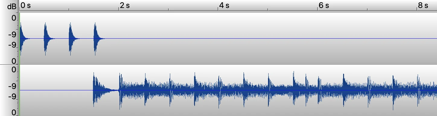 Waveform of a split export: the count-in clicks alone on the upper channel, the song alone on the lower one